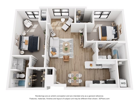 Floor plan for 2 beds, 2 baths, 1136 sqft